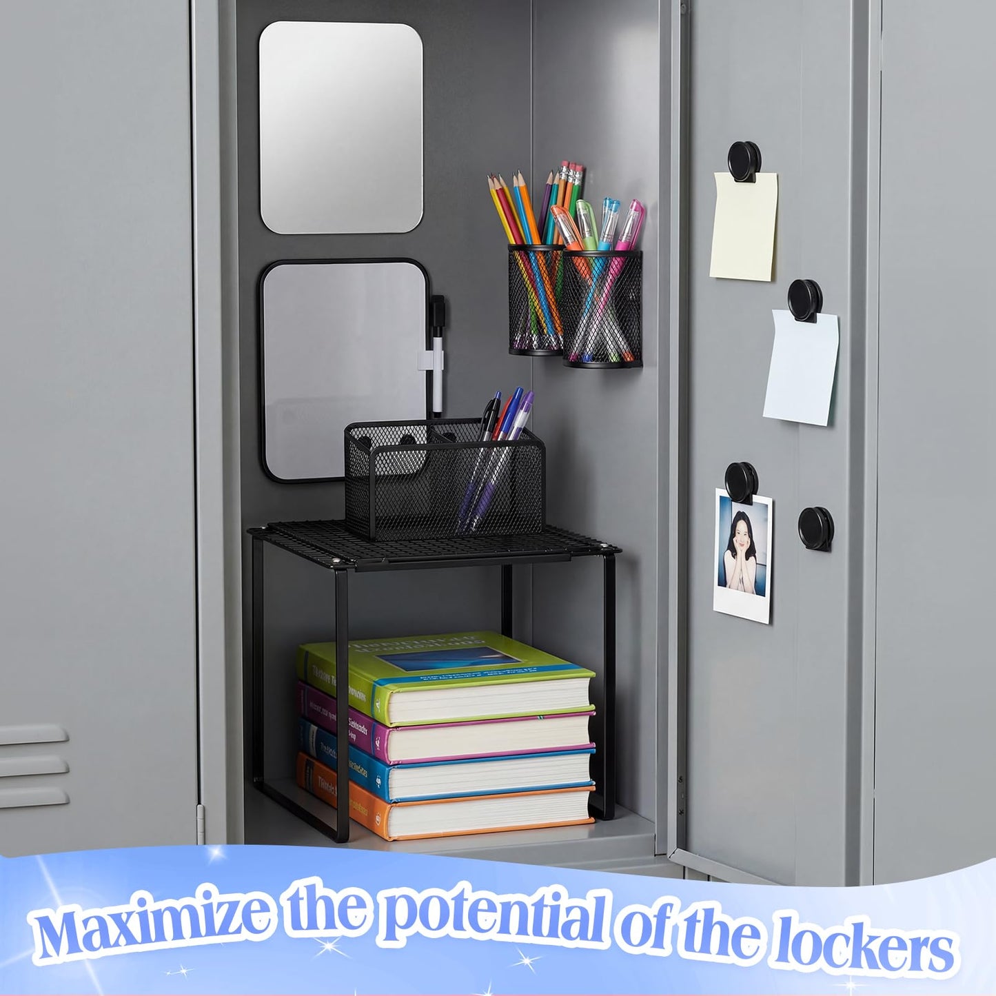 Colarr Adjustable Locker Shelf Organizer Set with Magnetic Accessories, Locker Shelf Adjustable 10.6–15 Inch with Magnetic Pen Holders Whiteboard Mirror Shelves for Classroom School Lockers (Black)