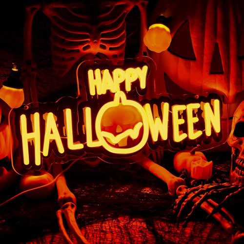 Happy Halloween Neon Sign - Dimmable Black & Orange LED Light for Spooky Party Decor
