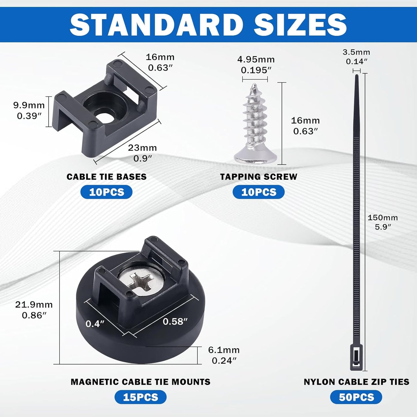 15 Supplies(85 22mm) PCS Magnetic Zip Tie Mounts, Black Magnetic Wire Holder Multipurpose & Releasable Nylon Cable Ties