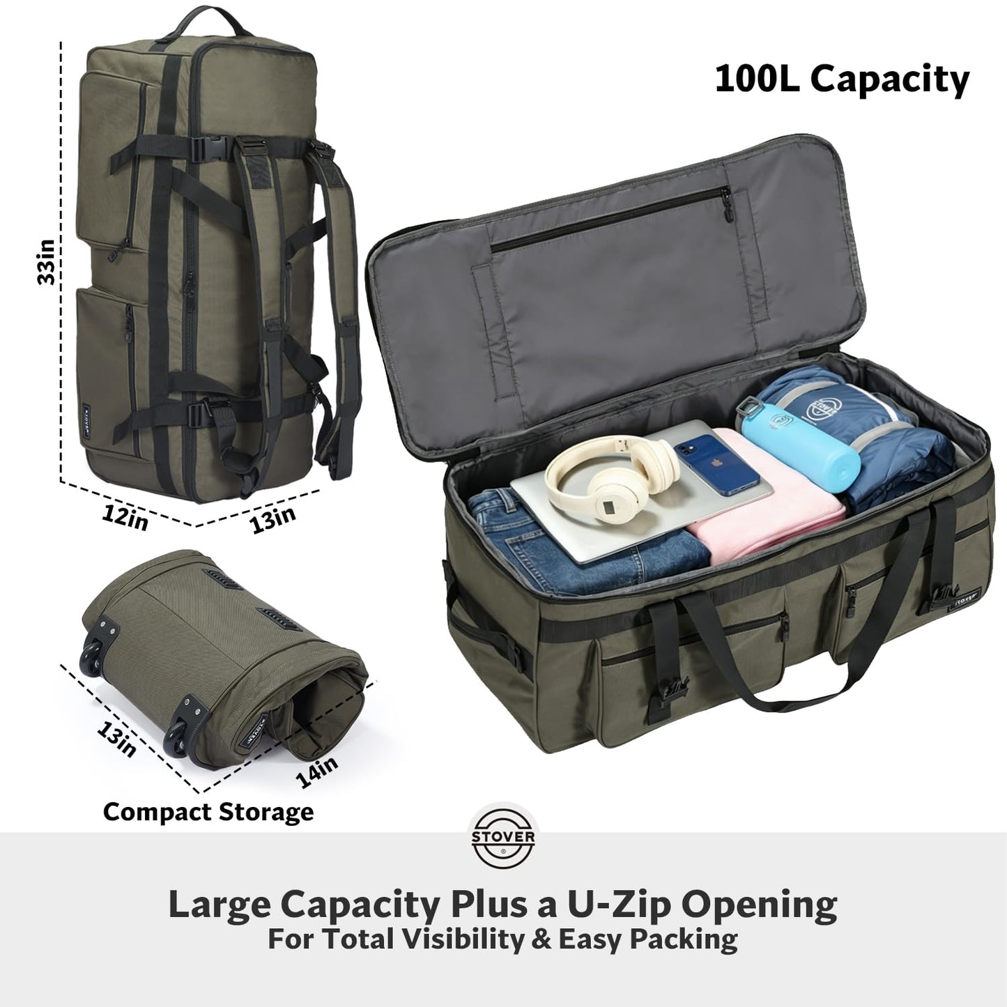 STOVER 45/80/100L U-Zip Rolling Duffel Bag with Wheels, X-Large Durable Travel Duffle + Toiletry Bag, Lay-Flat Opening, Packable w/Shoulder Straps- Use as Luggage or Backpack, Men/Women (Green)