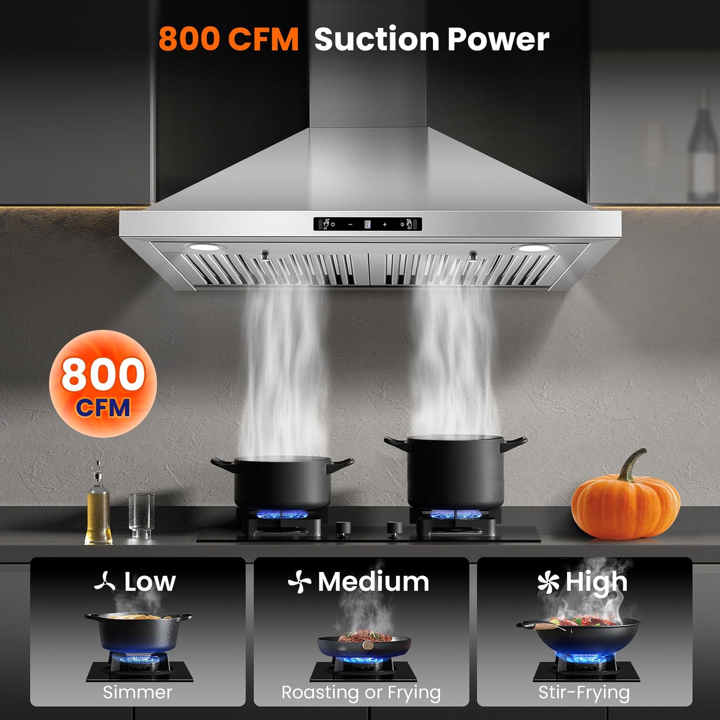 Wall Mount Range Hood 30 inch, 800 CFM Kitchen Hood Stainless Steel Stove Vent Hood with Gesture Sensing & Touch Control, Ducted/Ductless Convertible Duct, 3-Speed Fan, LED Lights, Baffle Filters