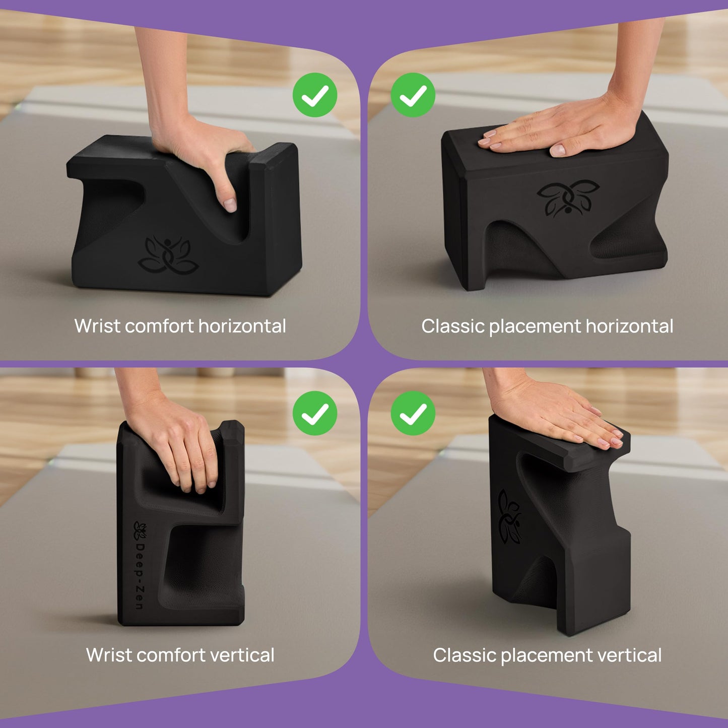 Deep-Zen PRO Yoga Blocks | Ergonomic Yoga Block 2 Pack for Wrist Comfort and Support | EVA Foam Exercise Blocks, 2x Knee Pads & Yoga Strap | Pilates Block Set | Bricks to Eliminate Wrist Pain, Black