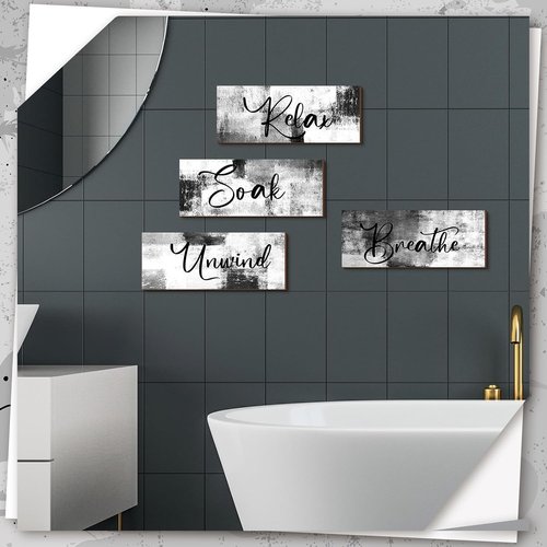 Maitys Bathroom Wall Art - 4 Pcs Rustic Wood Decor for Soak & Unwind | 10 x 4 Inch Black & White Signs