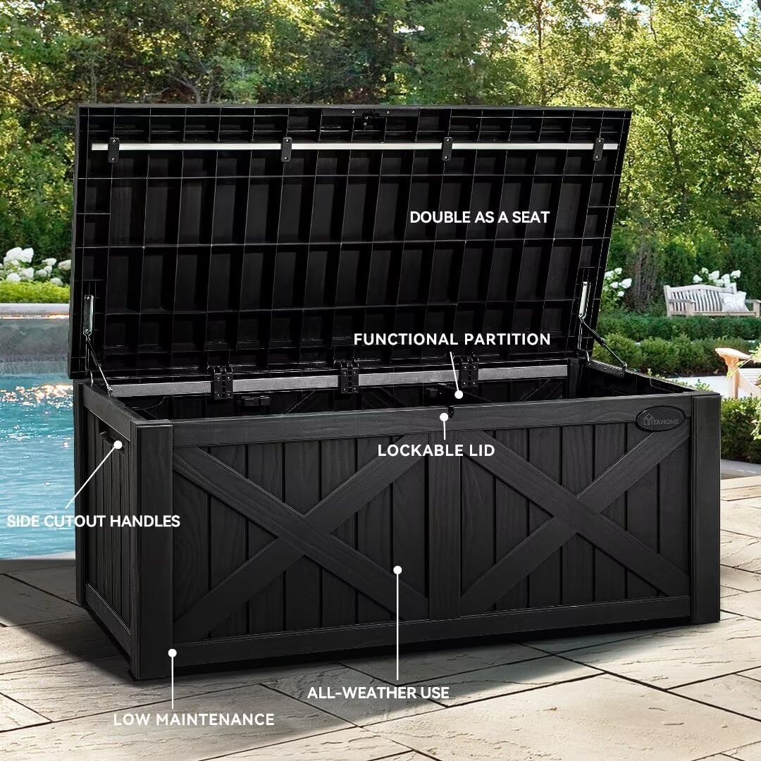YITAHOME 150 Gallon Large Deck Box with X-Shaped Front, Resin Outdoor Storage Boxes, Waterproof Cushion Storage Bench for Patio, Pool Supplies, Garden Tools - Lockable, Black