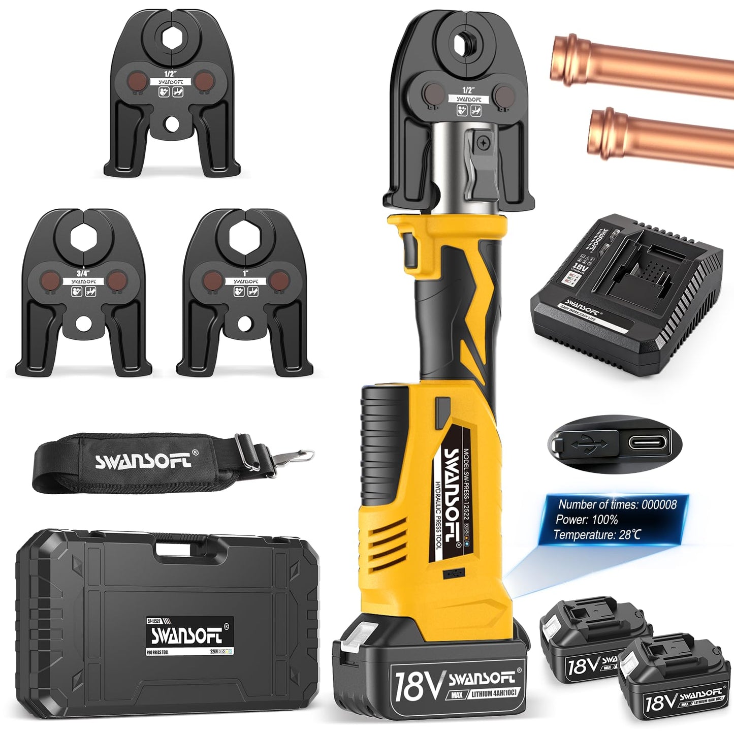 SWANSOFT Pro Press Tool, 18V 4Ah Battery Electric Hydraulic Crimping Tool for Copper Pipes with 3 US Compact VUS 1/2", 3/4'', 1",Jaws Pro Press Copper Plumbing Crimper Tool Kit (SWPR-12522Y)