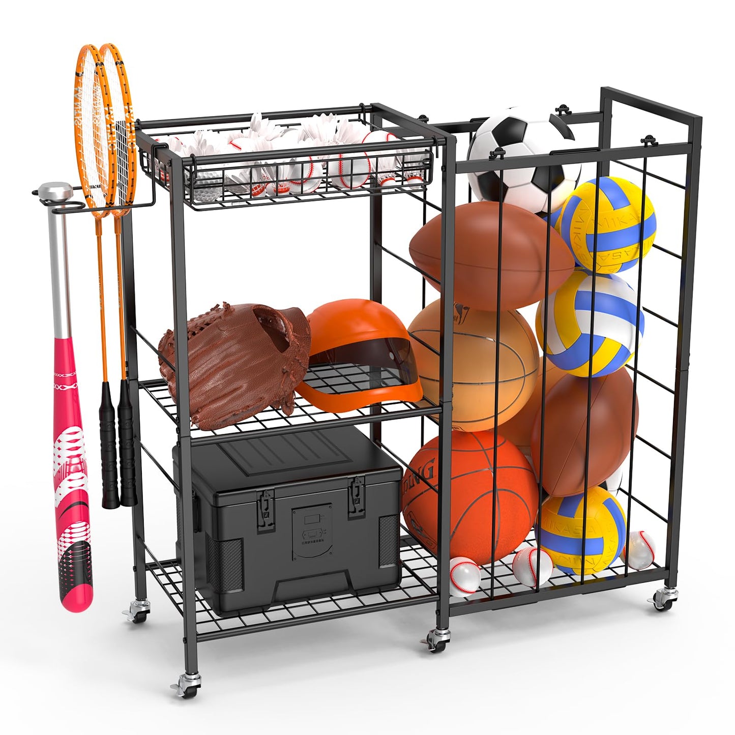 Multi-Functional Sports Equipment Organizer with Elastic Rope, Removable Basket & Racket Holders - Heavy-Duty Organizer for Balls, Tennis/Badminton Rackets - Ideal for Garage, Home Gym & Playroom