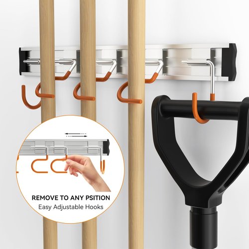 HUPBIPY Garden Tool Organizer - 34.5'' Aluminum Alloy Wall Mount Storage with Hooks for Shovel, Rake & Broom