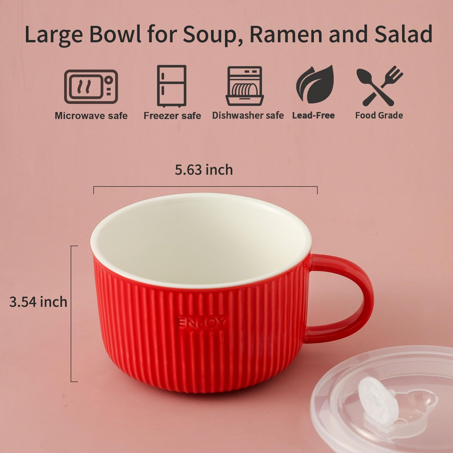 Seyatoo Soup Bowl with Handle, 5.6 inch Ceramic Soup Mug with Lid, Large Microwave Soup Cup Ramen Bowl for Oatmeal, Salad, Ramen and Instant Noodles, Red