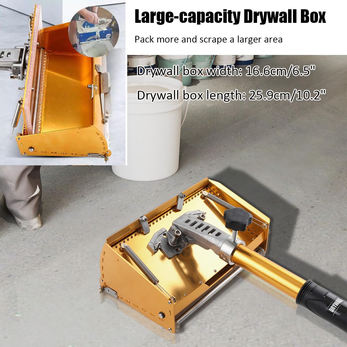 EWANYO 10 inch Drywall Flat Finishing Box with Extension Handle Adjustable Height 40''-64'', Aluminum Drywall Flat Finishing Box Tool Finishing Mud Box for Plasterboard Wallboard Sheetrock