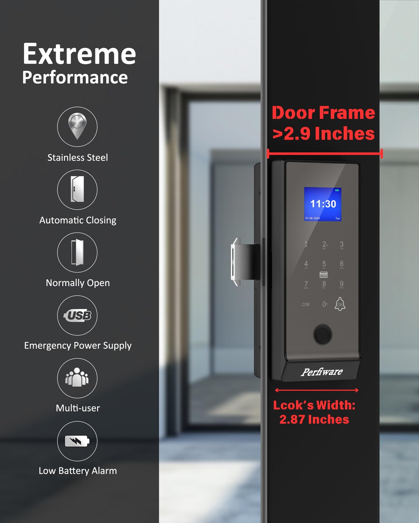 Perfiware Sliding Glass Door Lock LG75TY with APP,Smart Fingerprint Keypad Pin Screen Sliding Door Locks,Keyless Safety Lock for Sliding Door,Great for Office,Hotel,Apartment,Patio,Barn,Front Door