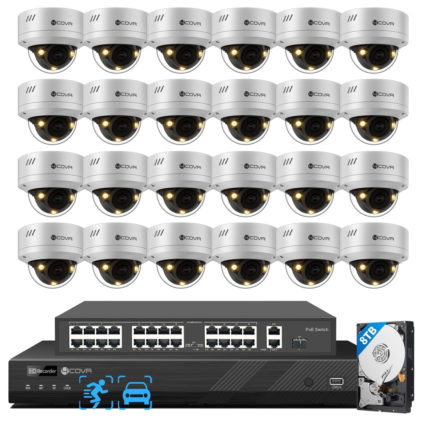 4COVR 32 Channel Security Camera System for Businesses, 32CH 4K NVR & 8TB HDD, 24X 5MP IK10 Dome IP Cameras IP67 Outdoor, Smart Color Night Vision, 2-Way Audio, Person/Vehicle Detection, LY54FA5M3224