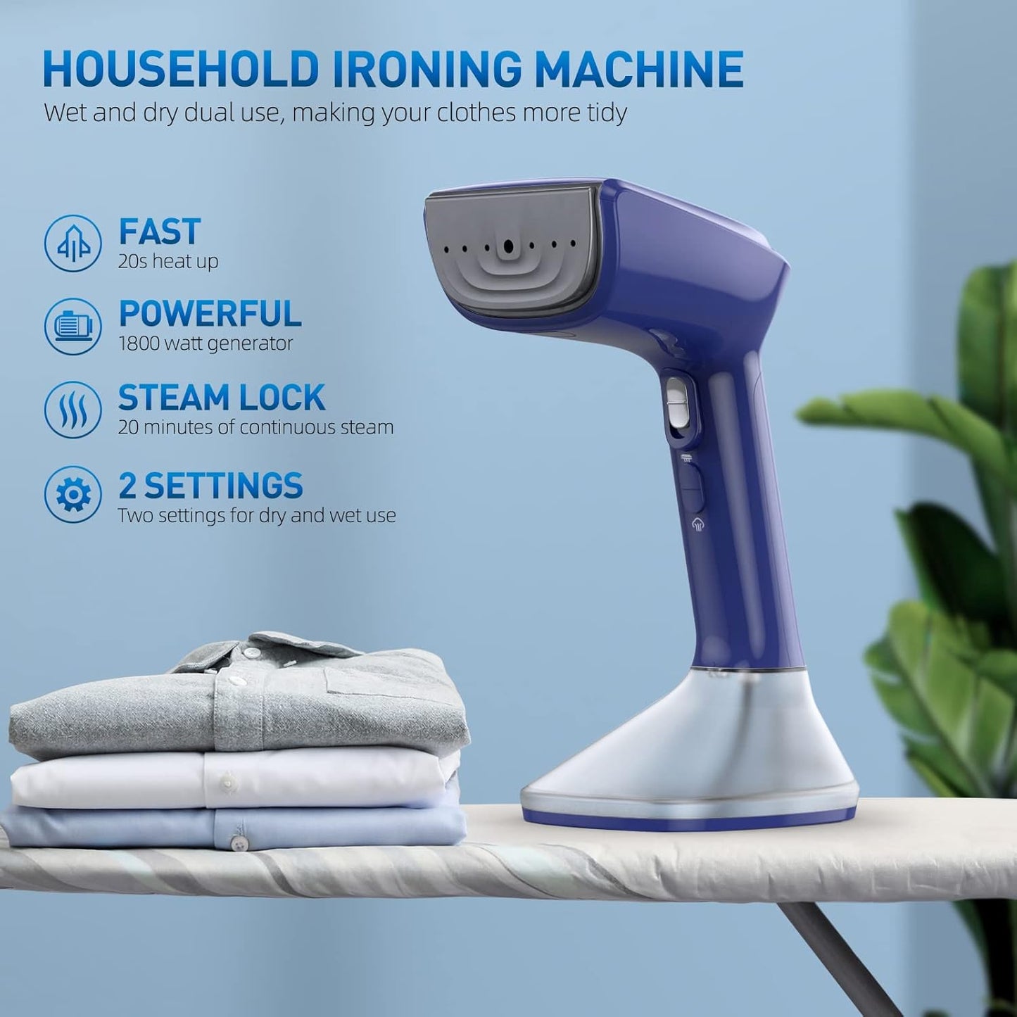 Skiennix Steamer for Clothes - 1800W Powerful Steam, Fast 20-Second Heat-Up, Detachable Tank | Blue