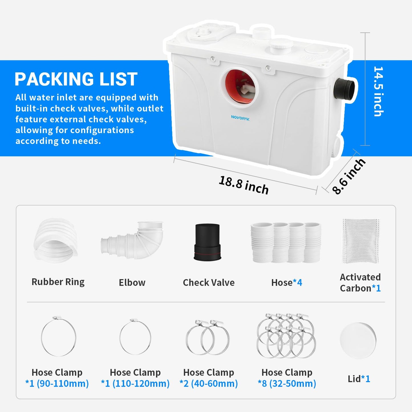 NOVORIK 700W Macerator Pump, Macerating Toilet System Pump, Sink Pump for Basement Upflush System Kitchen, Sink, Shower, Bathtub, Laundry Waste Water Disposal (700W)