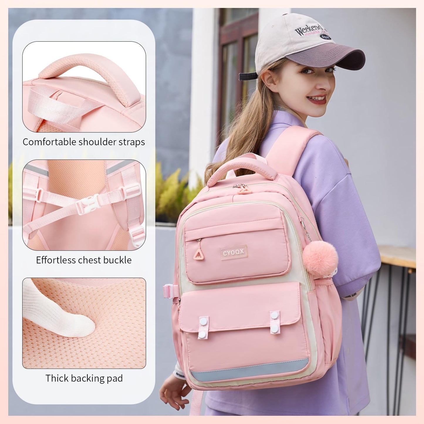 CYOQX School Backpack for Girls Cute Backpack Elementary Middle School High School Teenage Girls Schoolbag (Pink)