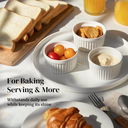 DOWAN Ramekins - 4 oz Oven Safe Porcelain Custard Cups for Baking | Set of 6 Soft White Bowls