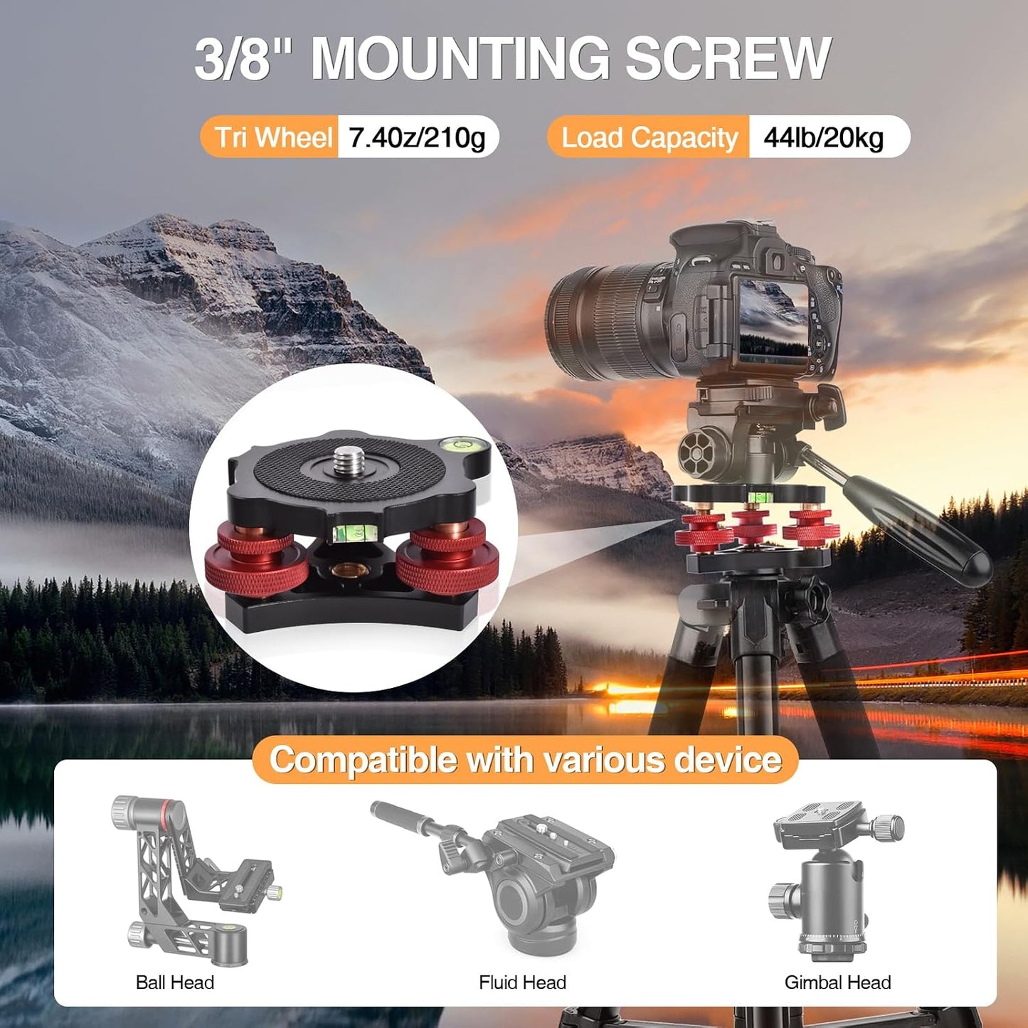yqlbgprj Leveler,3/8Thread,+/-5Precise 3axis Head,LP642026 Tripod Leveling Base,Camera Head Angle