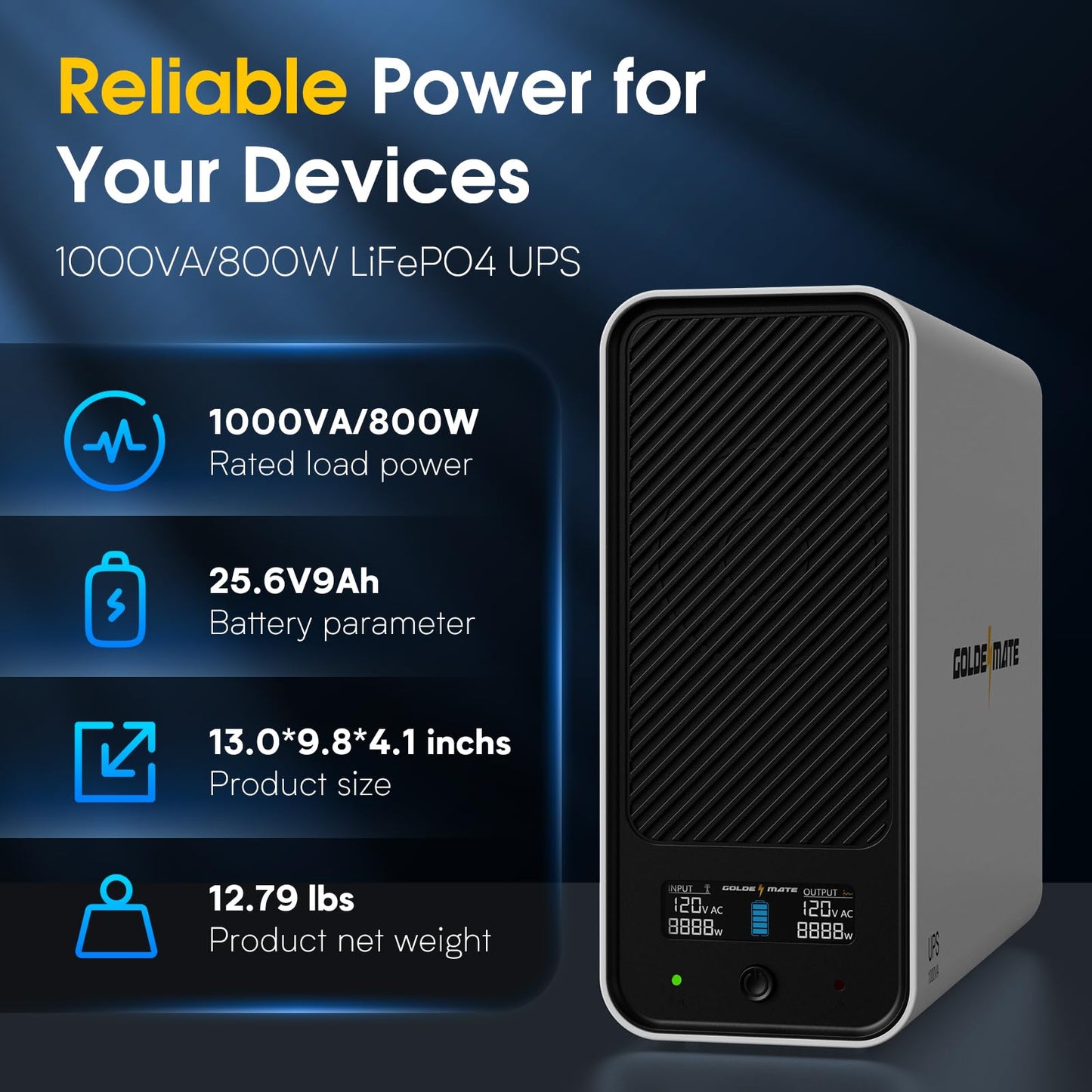 GOLDENMATE 1000VA/800W Lithium UPS Battery Backup and Surge Protector, Sinewave UPS System with LiFePO4 Battery(230Wh), Updated Pro Ver. with USB Communication Port, 8 Outlets, LCD Display, White