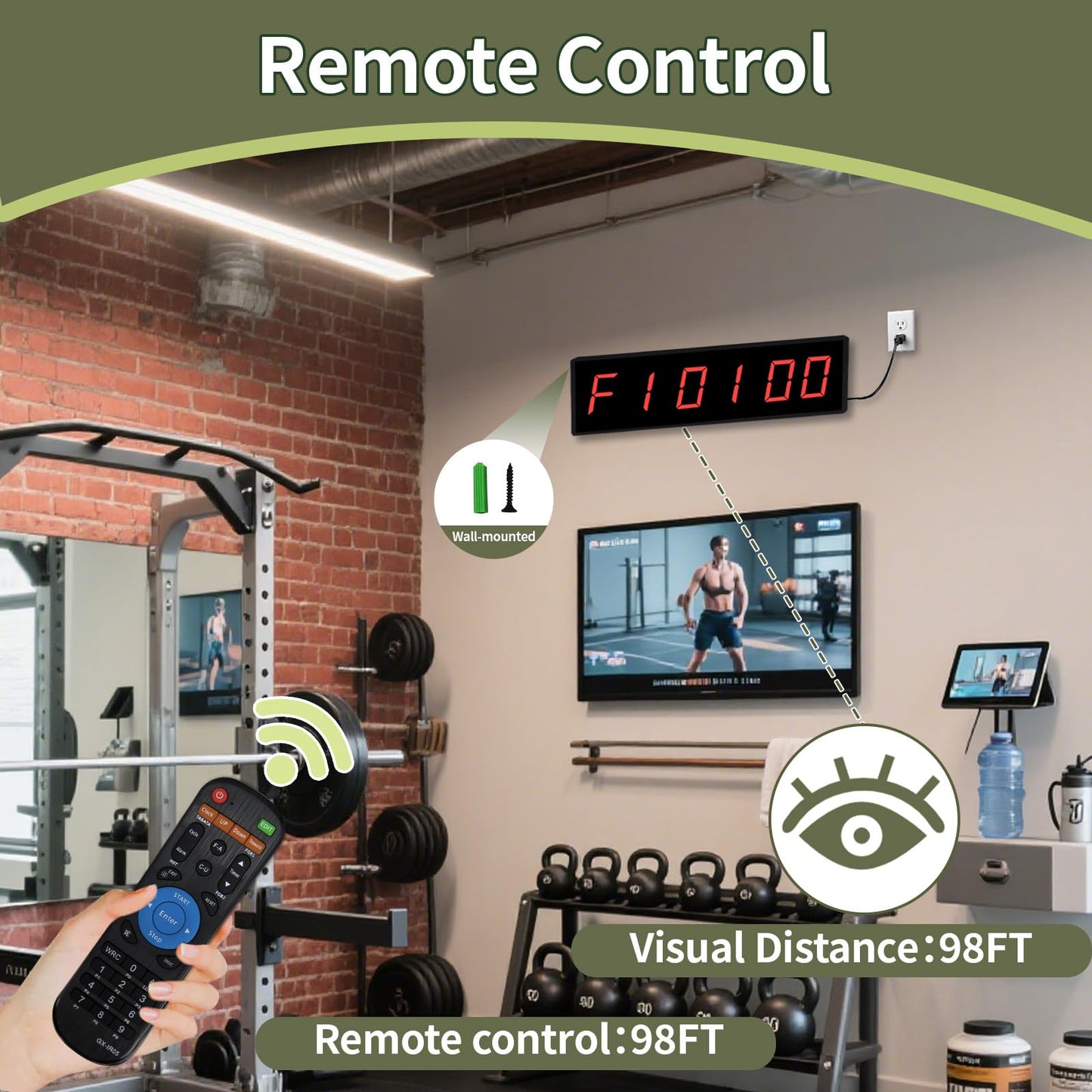 Digital Gym Timer Clock with Wireless Start/Stop Button, Workout Clock with Remote Control, Wall Clock for Home Gym with Interval Timer, Stopwatch, Count Up/Down
