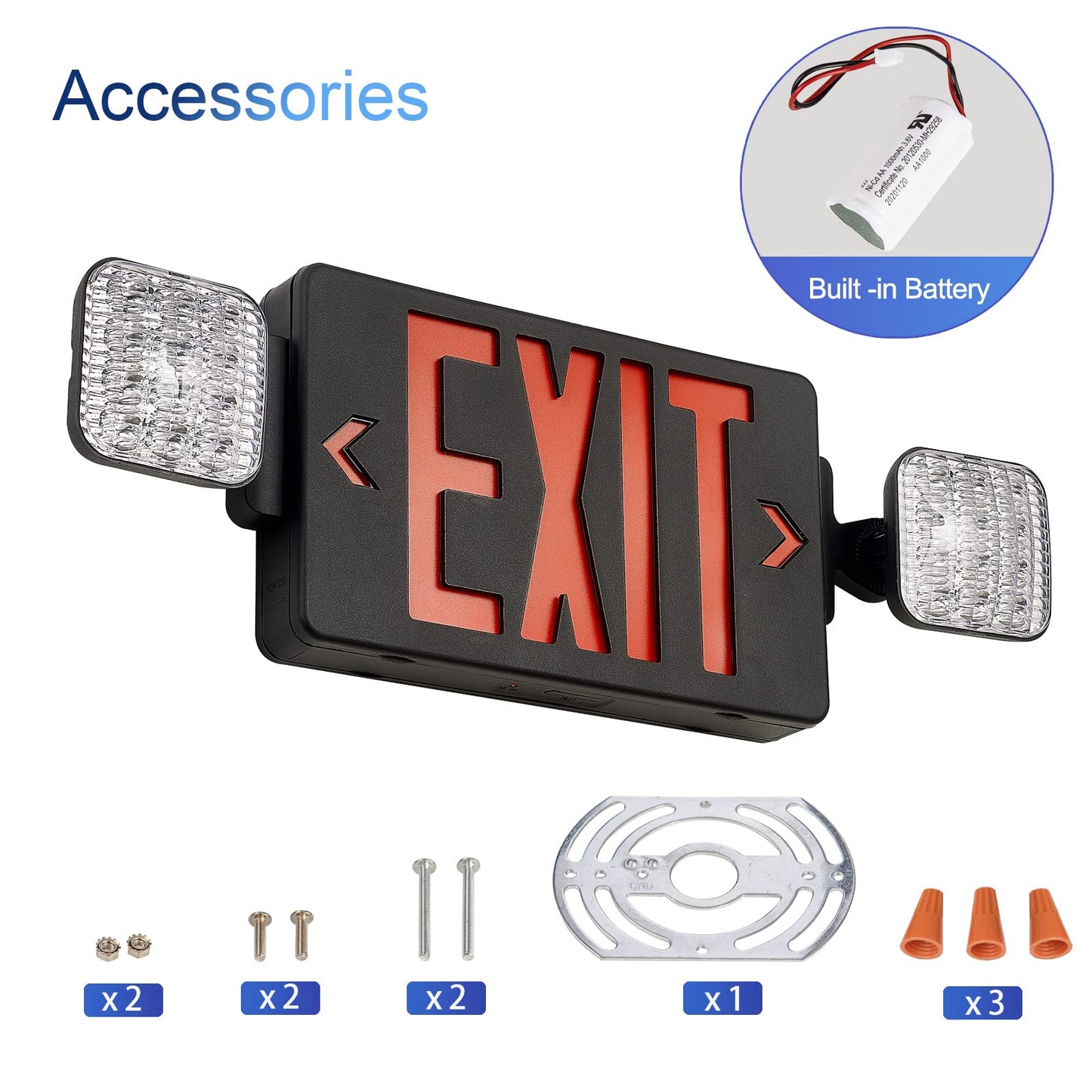 GZRUIYANG Black Housing Exit Sign With Emergency Lights Red, LED Exit Light With Battery Backup, UL 924 Certified, AC 120/277V, Commercial Lights Combo for Business - 2 Pack