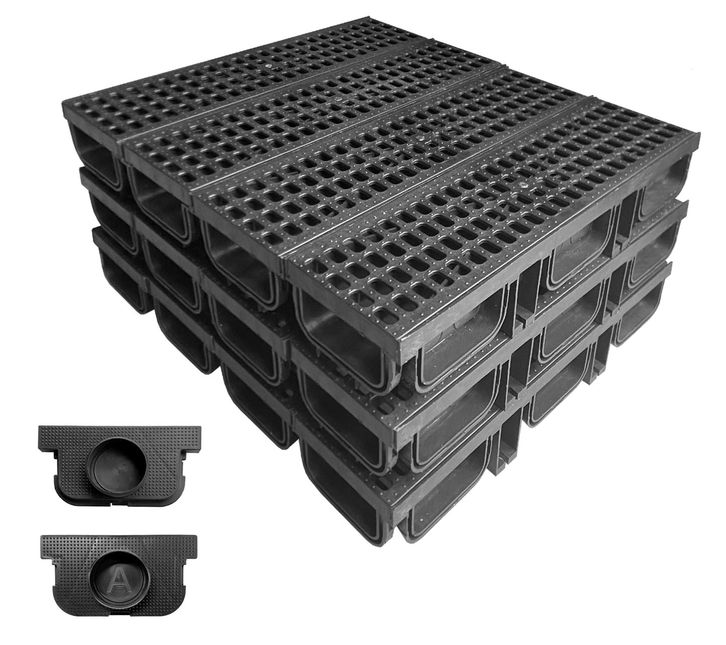 Natotela HDPE Channel Drain with Grates-19.7x5.5x3.7 in. Trench Drain System, 12 Pack Total Length 236.3 in, Yard Drainage System with 2 Outlet Adapters for Outdoor,Yard Fence,Sidewalk,Patio