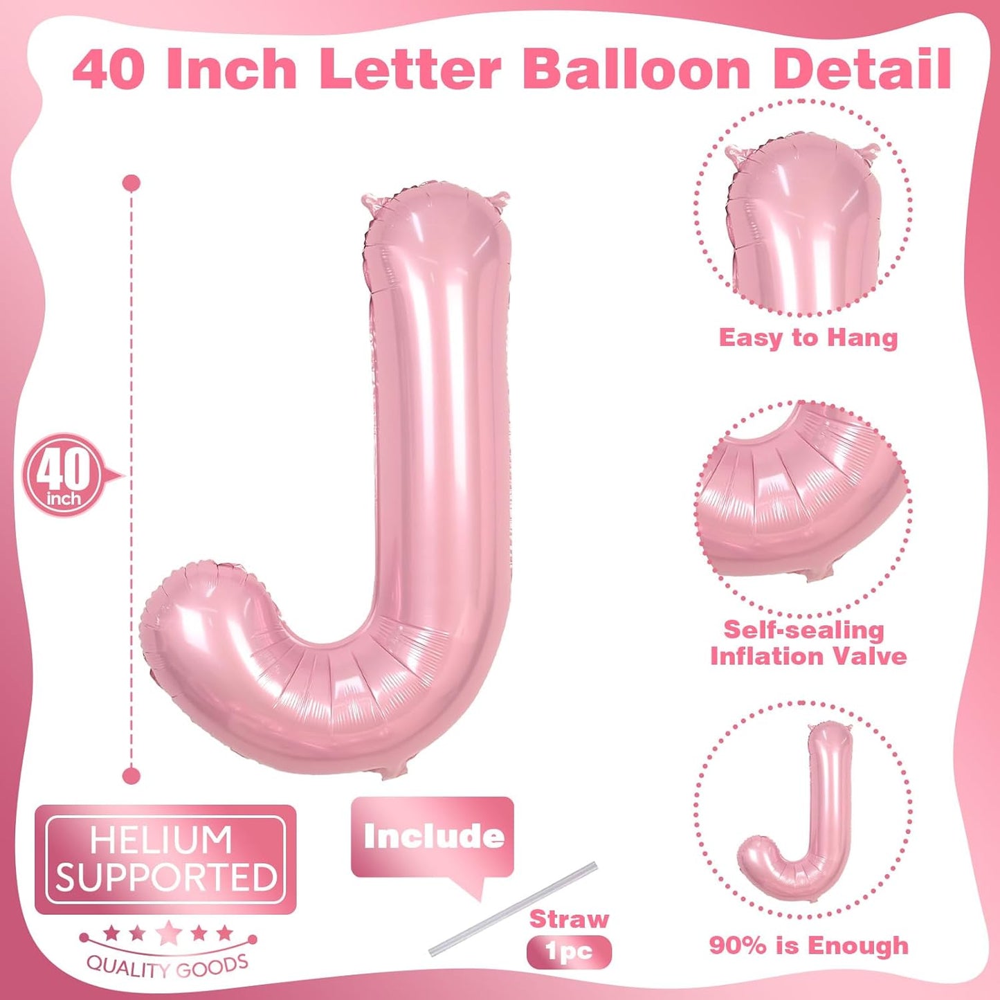 Pastel Pink Balloon Letter J - Large 40 Inch Mylar Foil Alphabet J for Girls' Birthday Party Decor