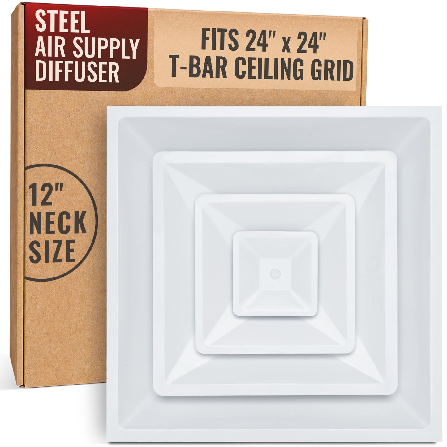 Fits 24x24 Steel T-Bar Drop Ceiling Grid | 2x2 Feet Lay in Steel Air Supply Diffuser with Round 12" [Neck Size] by Handua | 3 Cone | Drop Celing Vent | White | Outer Dimension: 23-3/4" x 23-3/4"