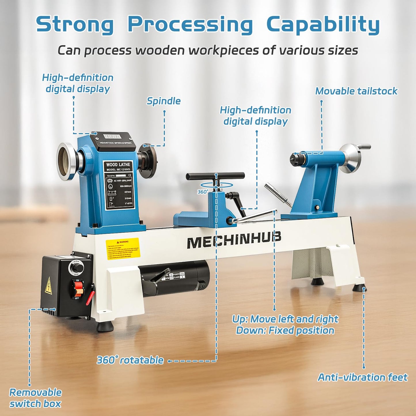 12" x 18" Digital Display Wood Lathe Machine, Benchtop Wood Lathe Machine 3/4HP 110V Infinitely Variable Speed 650-3800 RPM Professional for High Speed Sanding and Polishing
