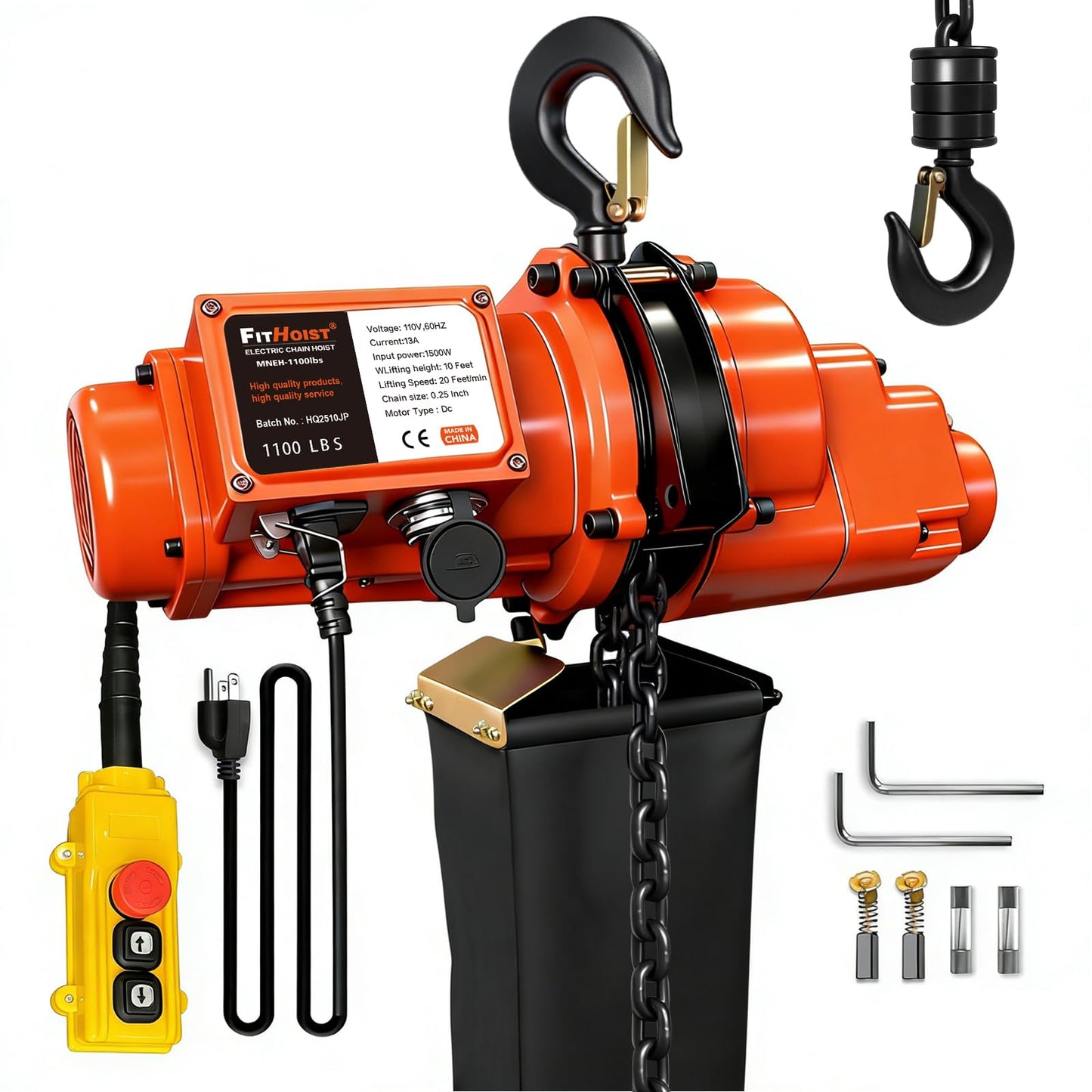 FITHOIST Electric Chain Hoist, 1100 lbs Electric Hoist with 20 ft Wired Remote Control, 10 ft Lifting Height, 1500w Single Phase Overhead Crane with Chain for Factories, Warehouses, Garages, Home