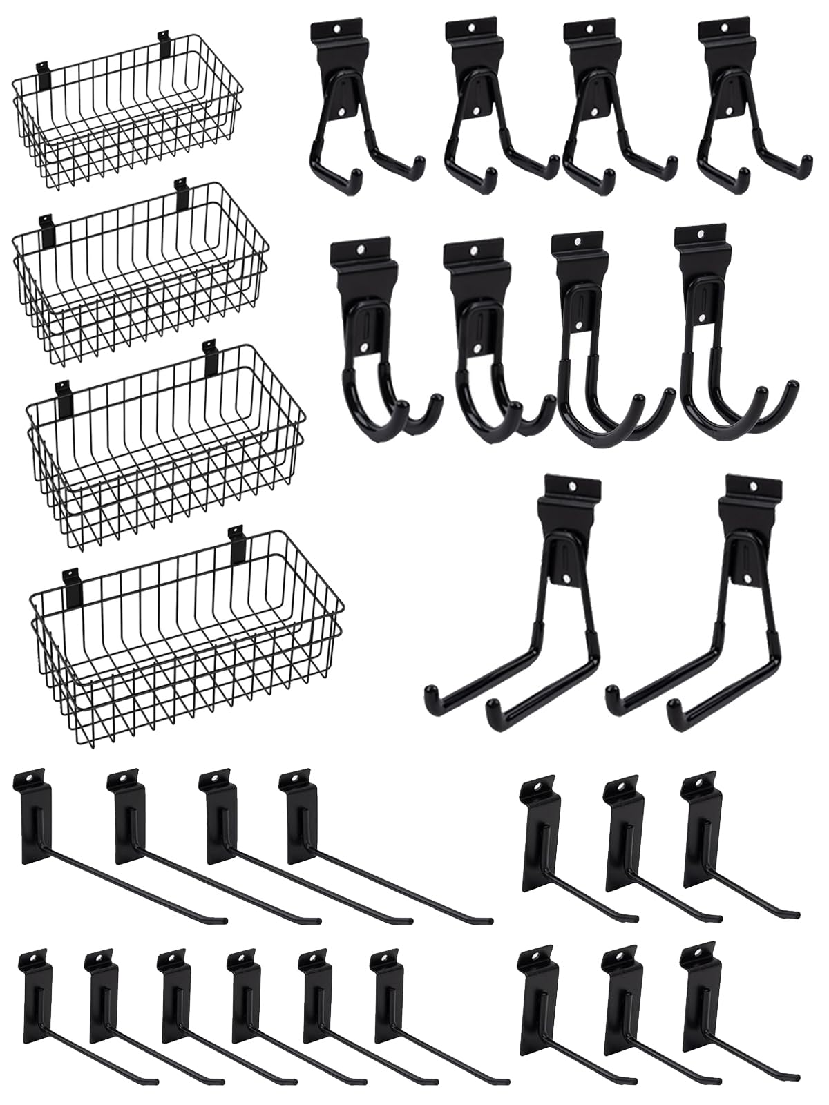 Slatwall Accessories 30 Pcs Slatwall Hook Slat Wall Hanging Hook Garage, Slat Wall Accessory Includes 4 Pack Slatwall Baskets Set and 26 PCS Multisized Heavy Duty Slatwall Hooks