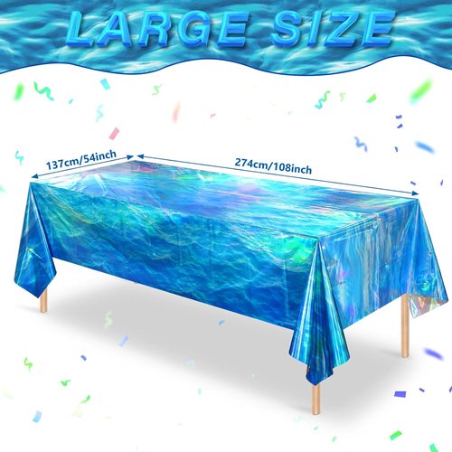 Iridescent Waves Tablecloths - Disposable Ocean Blue Rectangle Covers for Beach Party | 54 x 108 Inch