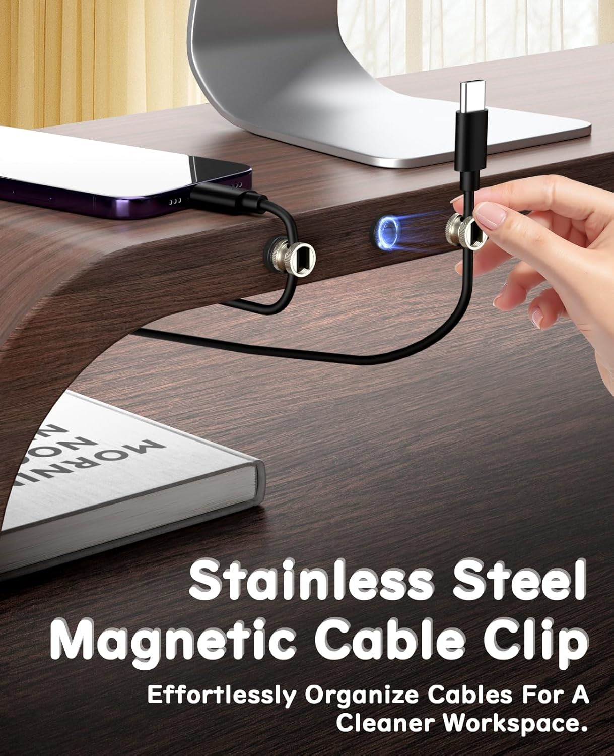 Maveek (4 Pack) Metal Magnetic Cord Holder, Magnet Cable Clips Stainless Steel Adjustable Cord Organizers for Desk