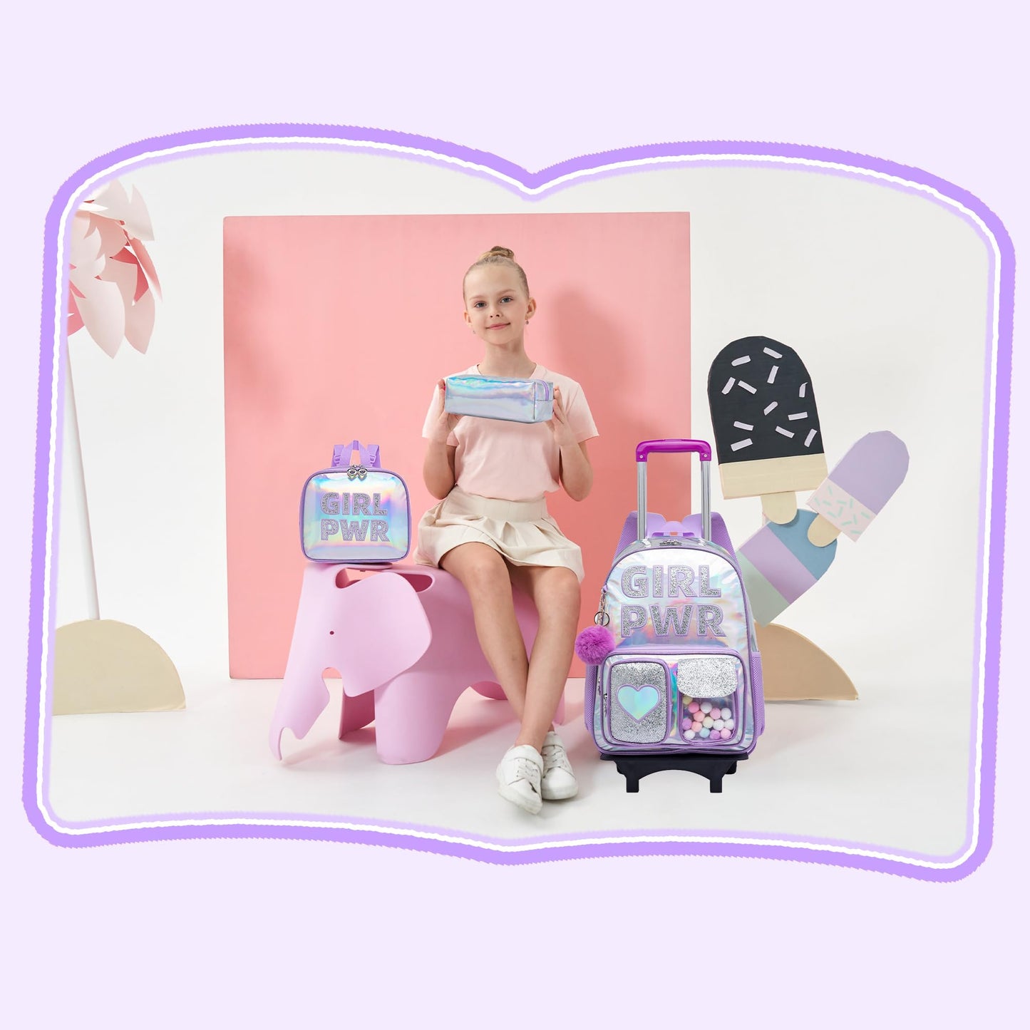 Meetbelify Rolling Backpack for Girls Backpack with Wheels for Elementary Student Kids School Bag with Lunch Box Pencil Case for Girls Ages 6-8 Years Old
