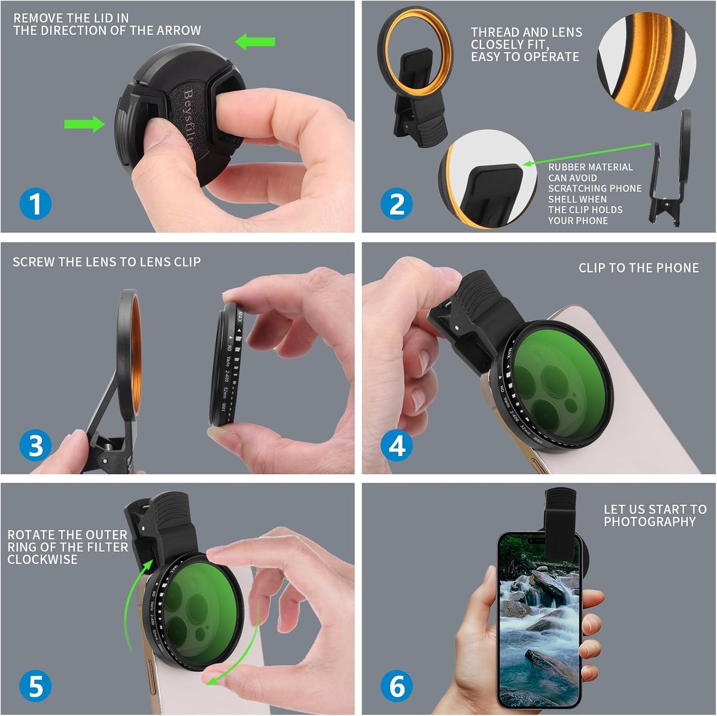 Beysfilter 52MM ND2-ND400 16/15/14/13 Phone Variable Filter, Multi-Coating Clip Adjustable Neutral Density Lens Kit