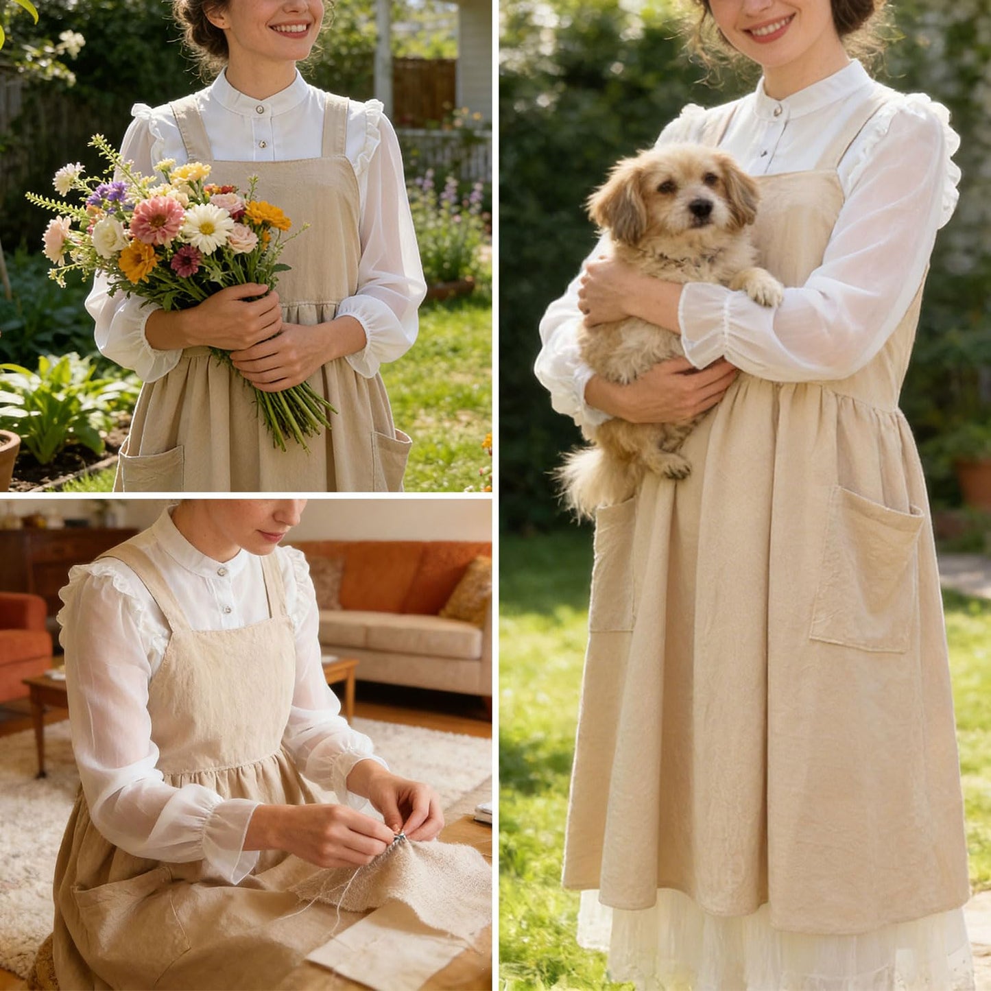 Uaussi Cotton Linen Apron Cross Back Work Apron for Women with Pockets Pinafore Dress X Cross Halter Apron for Baking Gardening