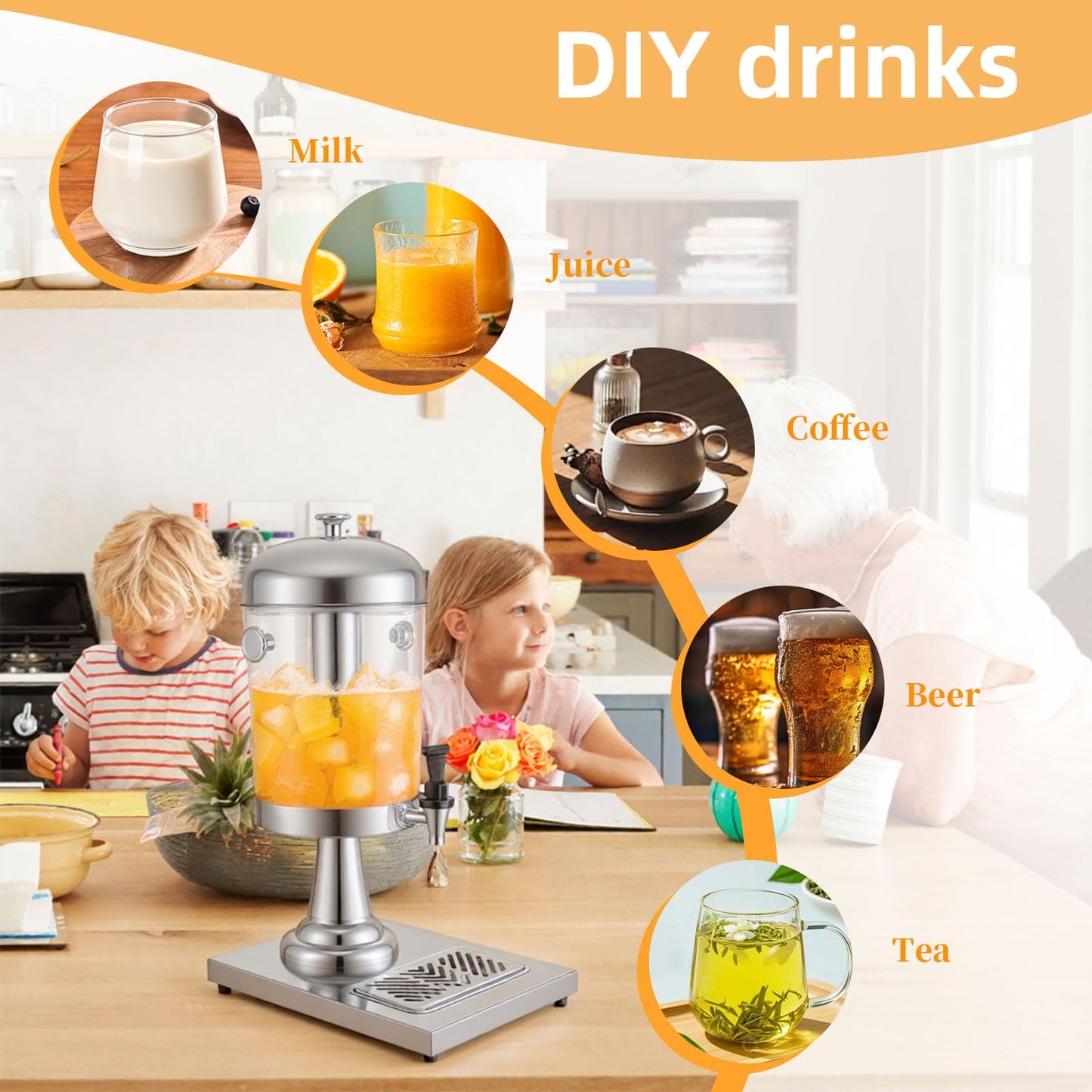 2.11Gallon Commercial Beverage Dispenser with Centre Ice Core and Stand Drip Trays Stainless Steel Cold Drink Dispenser for Parties Pub Cafeteria Restaurant Home Hotel (silver, Three Head)