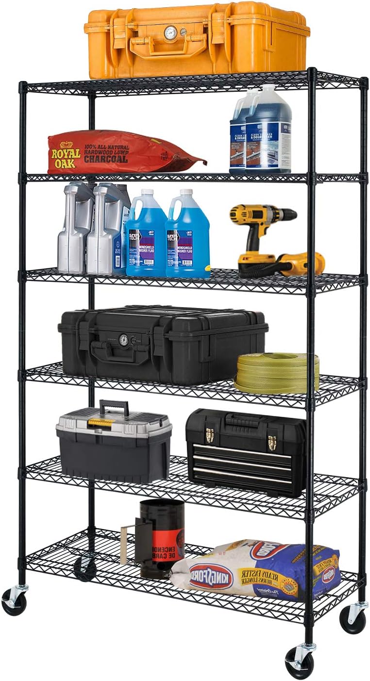 BestOffice 6-Tier Wire Storage Shelves with Wheels - Heavy-Duty Metal Racks | Adjustable | 18x48x78 | Black | No-Tool Assembly