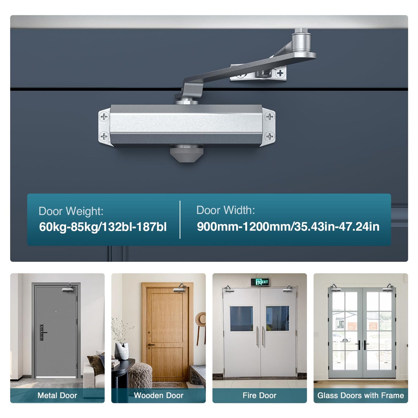 Calzibeno Automatic Door Closer, Door Closer for Home & Light Commercial Use, Adjustable Closing Speed for 132-187lbs, Soft Close, Hydraulic Door Spring, Sliver-Large