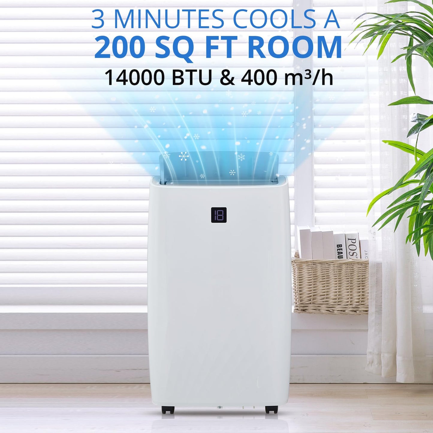 Portable Air Conditioners 14,000 BTU, Portable AC Unit for Bedroom and Office, 400m³/h Cooling for 750 Sq. Ft, Drain-Free Technology with 75-Pint Dehumidification, Includes Remote & Mount Kit, White