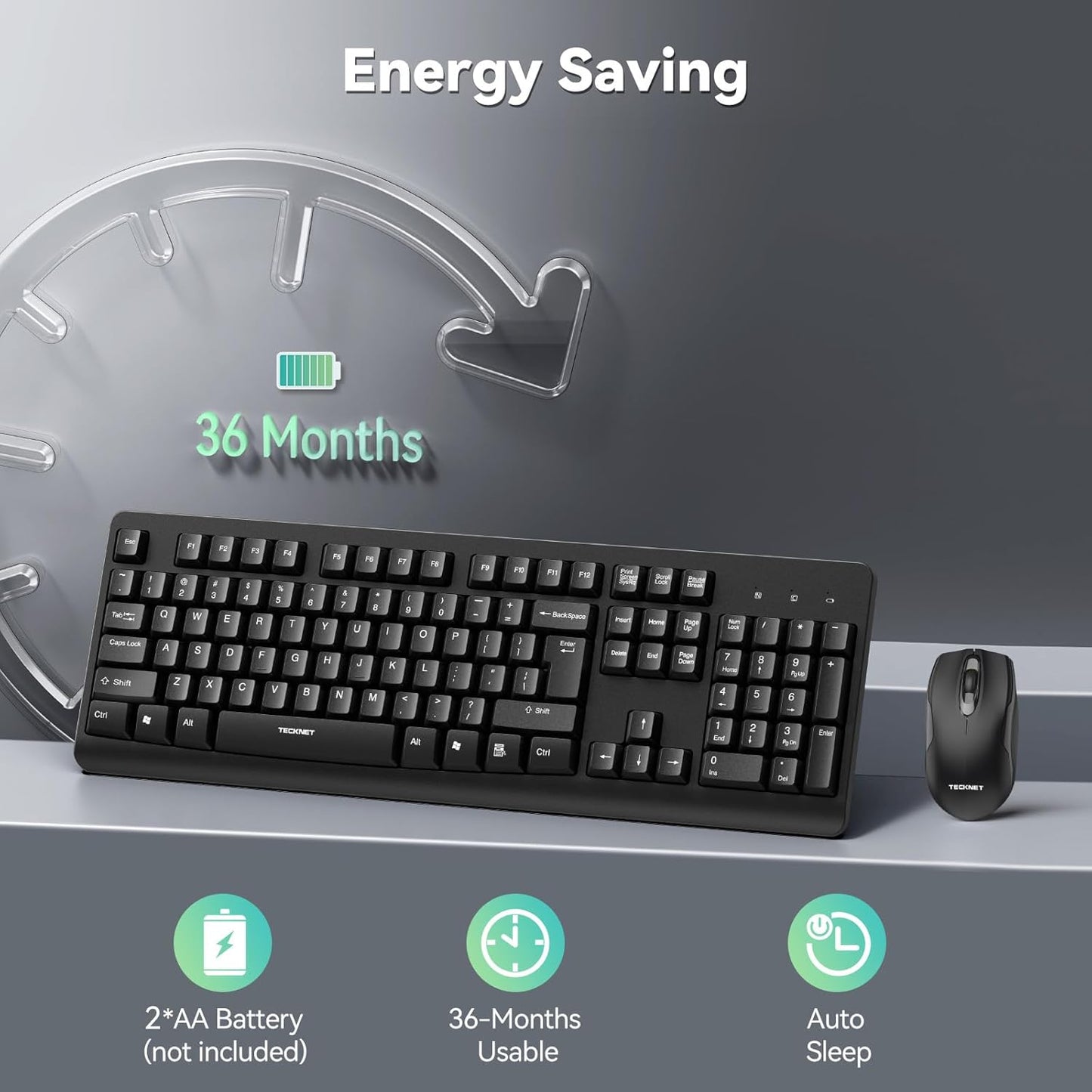 TECKNET Life,Spill-Resistant,2.4G Wireless Keyboard and Mouse Combo, Full-Size Ergonomic Keyboard & Optical Mouse