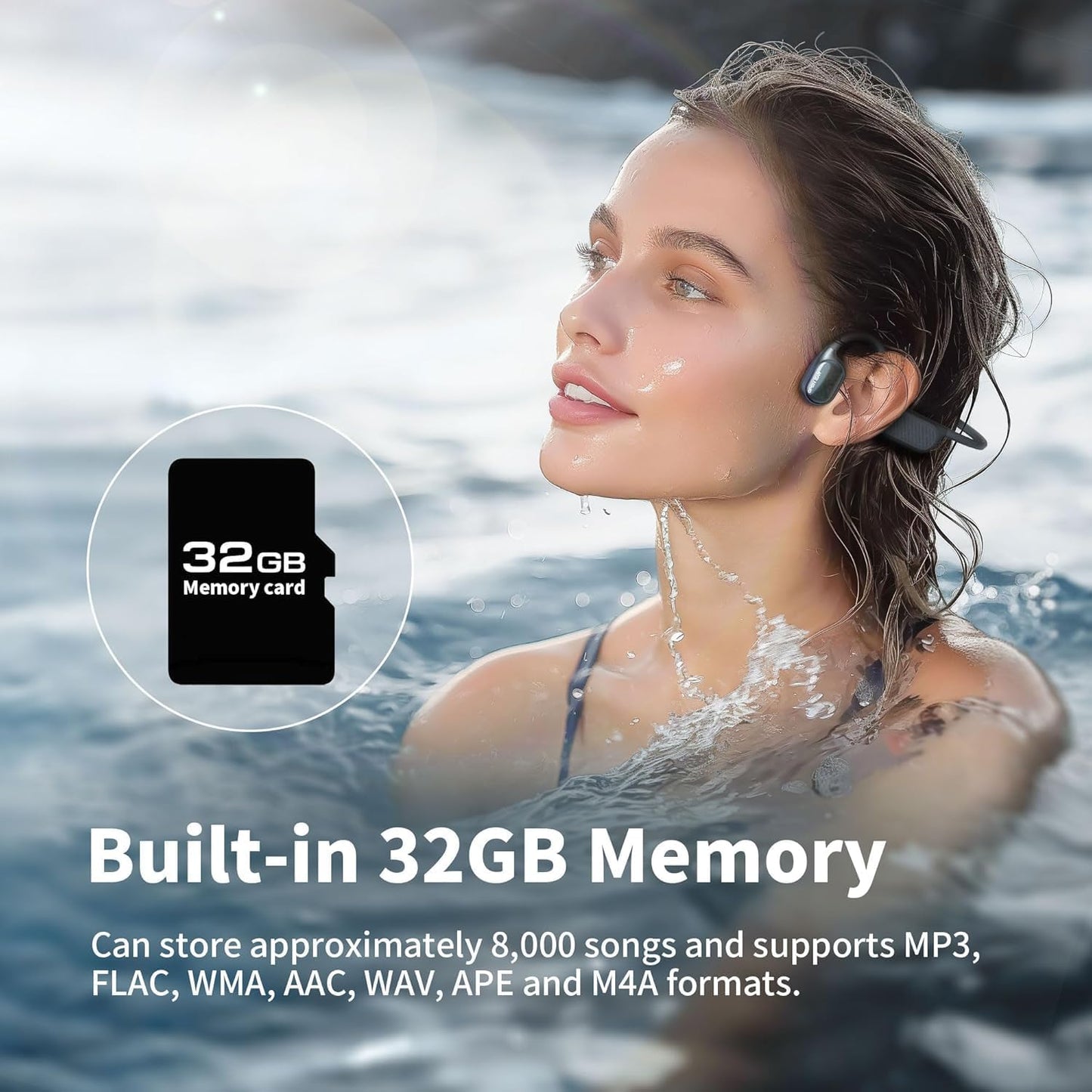 flymory Swimming IPX8 32GB MP3 8 Headset Earbuds Bone Conduction Wireless Bluetooth Headphones Waterproof Underwater