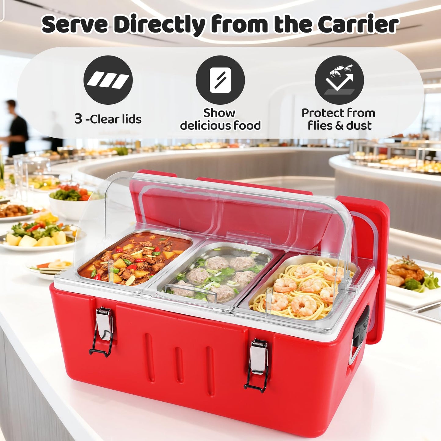 Tragaomx Insulated Food Pan Carrier Cold/Hot Food Buffet Server 27Qt Storage Box With Roll Top Lid & Buckles Warmer Box For Catering Restaurant Buffet