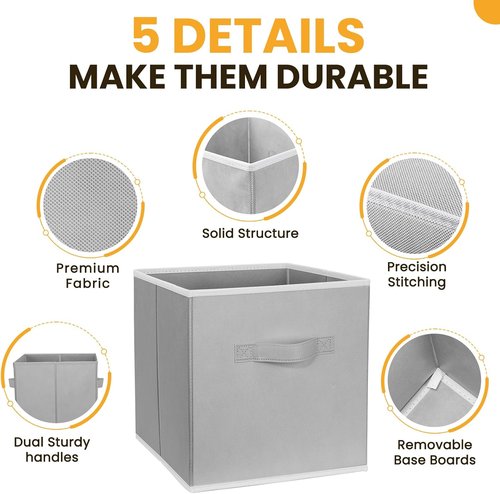 Criusia Large Storage Cubes - 13x13 Fabric Bins Set of 10 | Collapsible Grey Organizers with Dual Handles