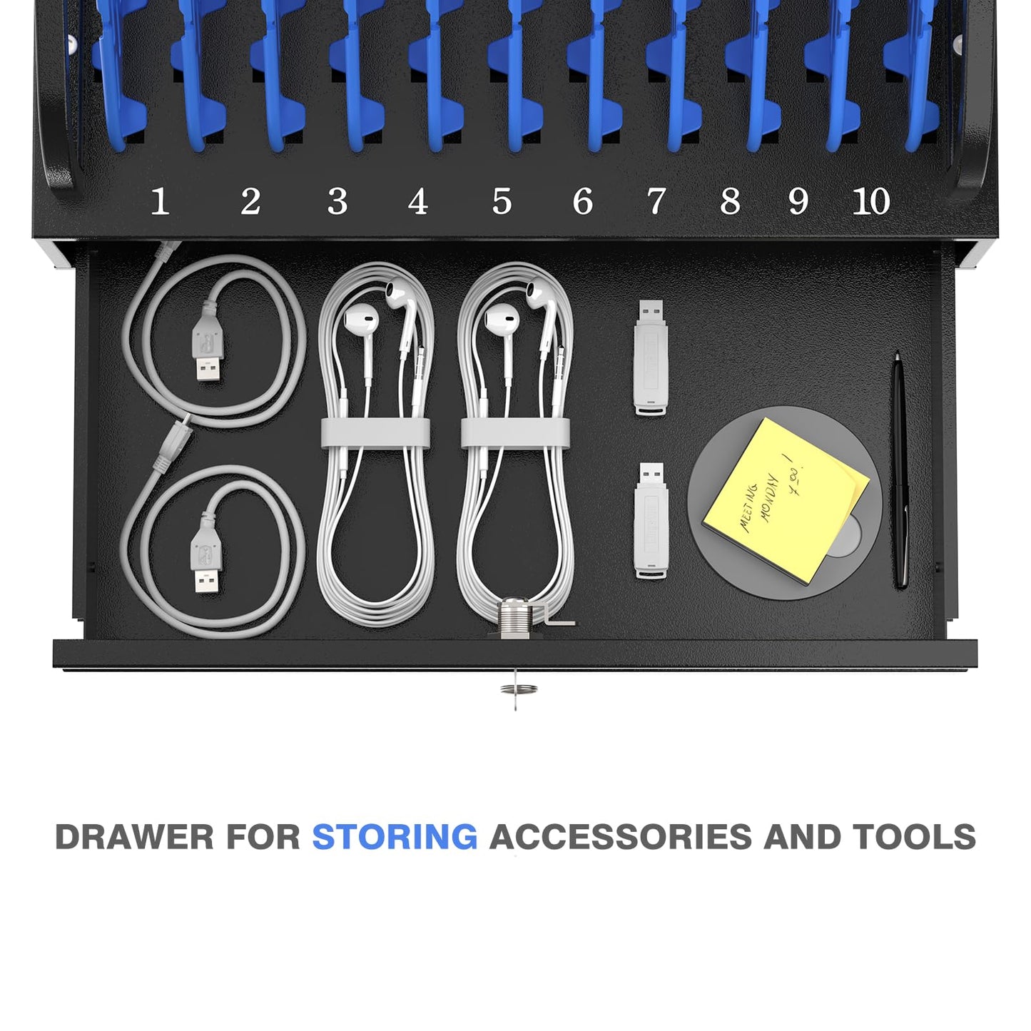 10-Device Open Charging Station for Chromebooks & Tablets - Heavy-Duty Steel Rack with Lockable Storage Drawer, Multi-Device Charging Organizer for School, Office, Hospital