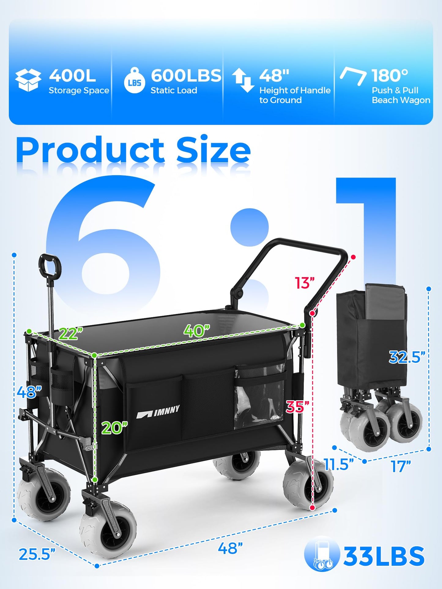 Aimnny 400L Push Pull Beach Wagon, Heavy-Duty Dual-Mode Cart with 9"x4" All-Terrain Wheels & Brakes, Adjustable Handles Collapsible Wagon for Beach,Camping,Grocery & Garden (Black)