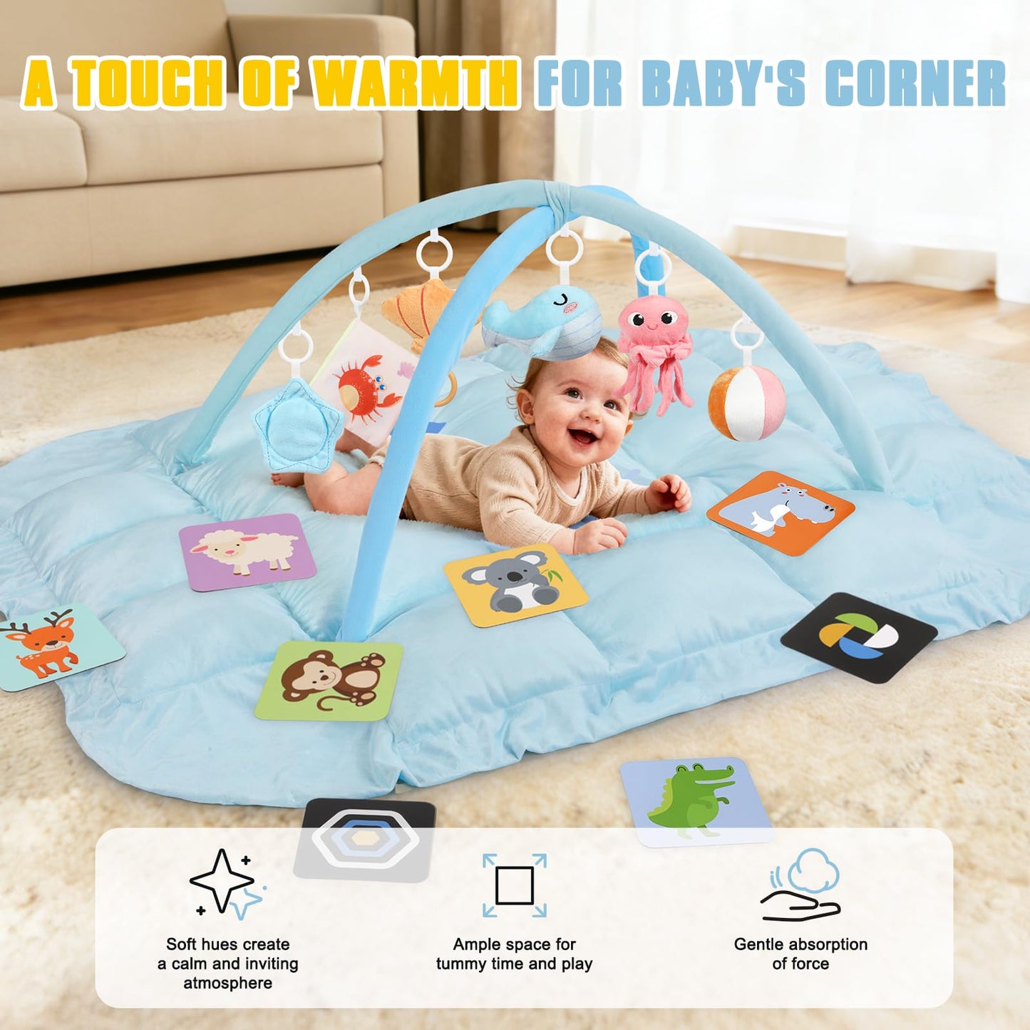 5-in-1 Tummy Time Mat Baby Activity Gym with Cartoon Pattern, Extra Thick Plush Play Floor Mat, Featuring Hanging Toys, Sensory Development Gym & Lovely Gift for Newborn Baby, Whale