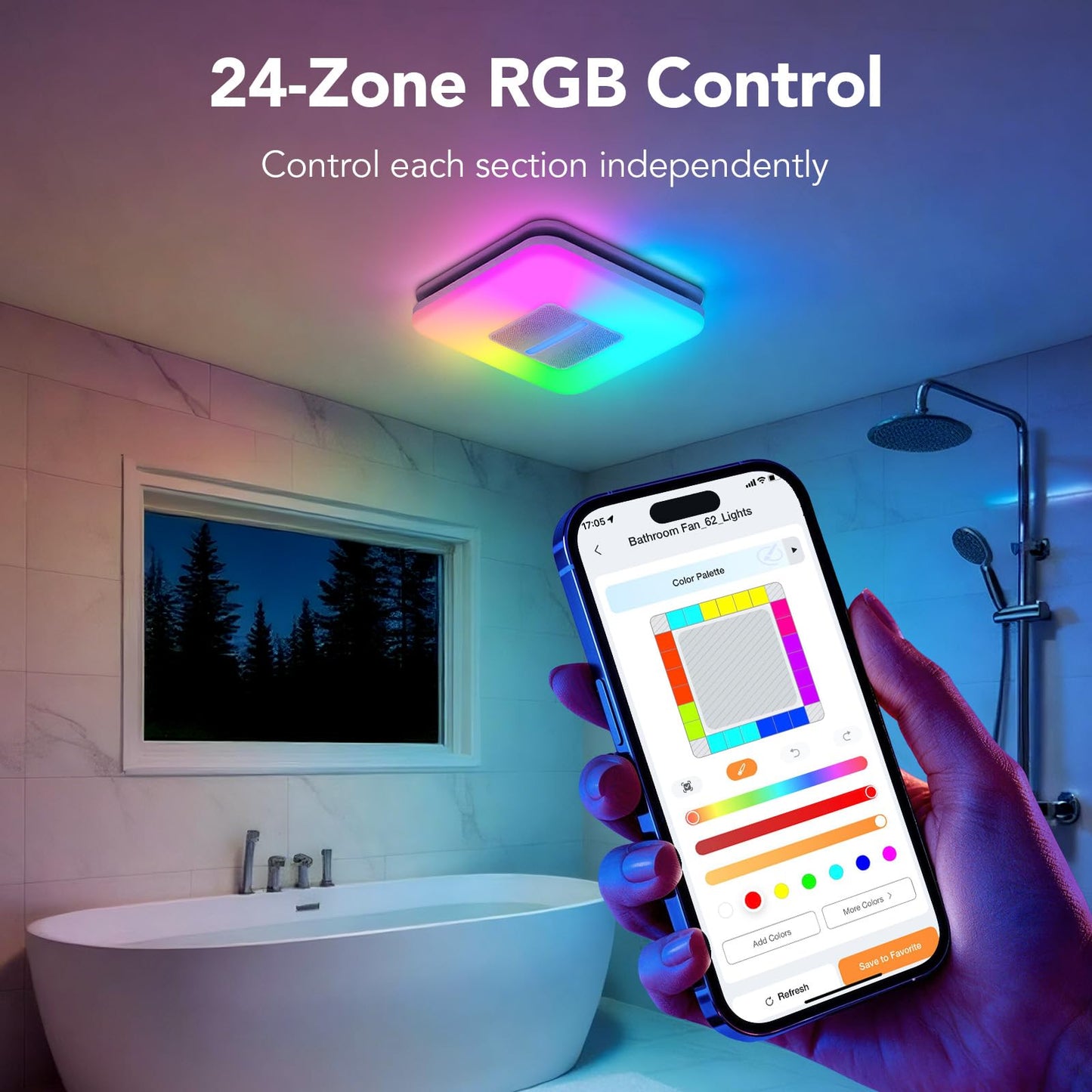 OREiN Matter Smart Bathroom Fan with Light – Humidity Sensor, 130–160 CFM Ventilation, Ultra-Quiet 1.0 Sone, Tunable White & Custom RGB, Dual Bluetooth Speakers, Compatible with Alexa & Google Home