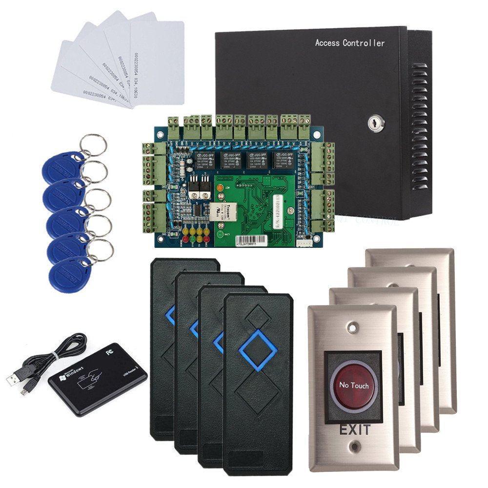 MENGQI-CONTROL 4 Doors IP Based Security Access Control Kit with Metal Case 110V Power Box RFID Reader+Infrared Exit Button+Desktop Enroll Reader+RFID Keychains/Cards APP remotely Open Door