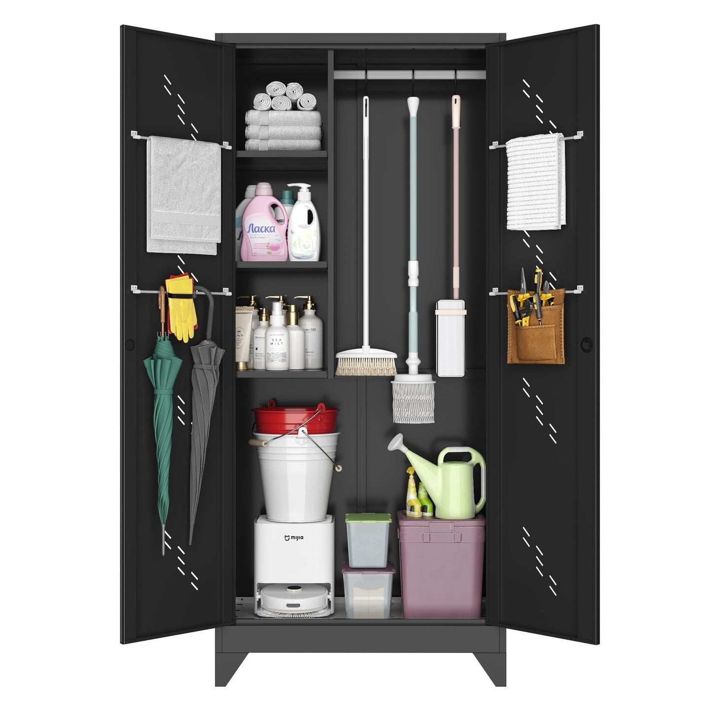 LyAosdFu Metal Storage Cabinet, 75" Cleaning Tool Cabinet with Locking Door, Tall Storage Sheds Tool Organizer, Large Broom Cabinet for Bathroom, Laundry Room, Kitchen, Pantry, and Humid Environments