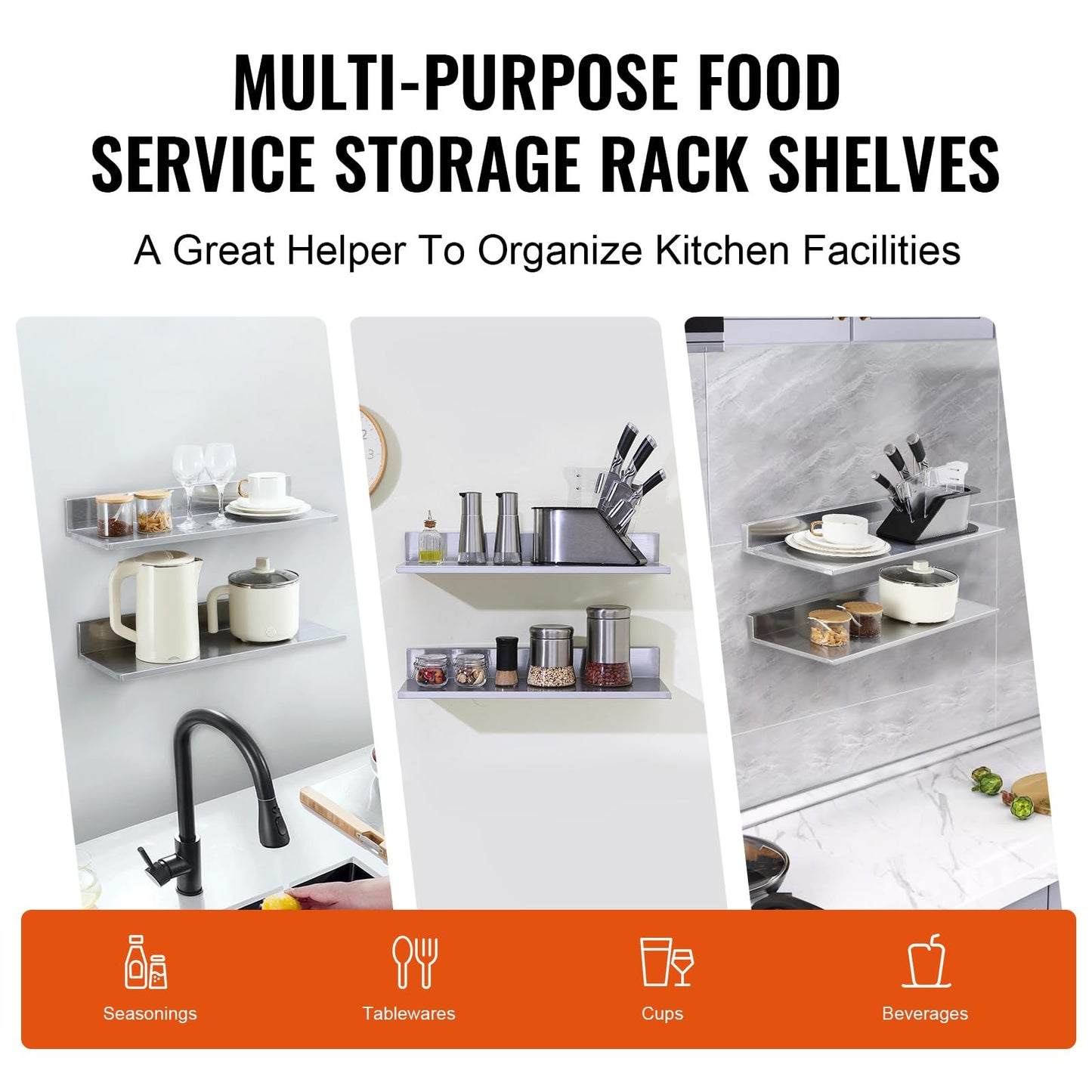 VEVOR 8.6" x 24" -2Pack Stainless Steel Shelf, Wall Mounted Floating Shelving with Backsplash, 44 lbs Load Capacity Commercial Shelves, Heavy Duty Storage Rack for Restaurant, Kitchen, Bar, Home