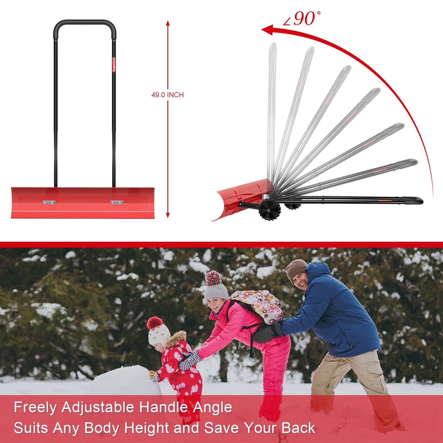 38 Inch Snow Shovel for Driveway, Brewin SnowPro Bi-Direction Heavy Duty Snow Pusher with Wheels and Angled Blade for Efficient Snow Removal, Back Saver Snow Plow for Doorway Sidewalk